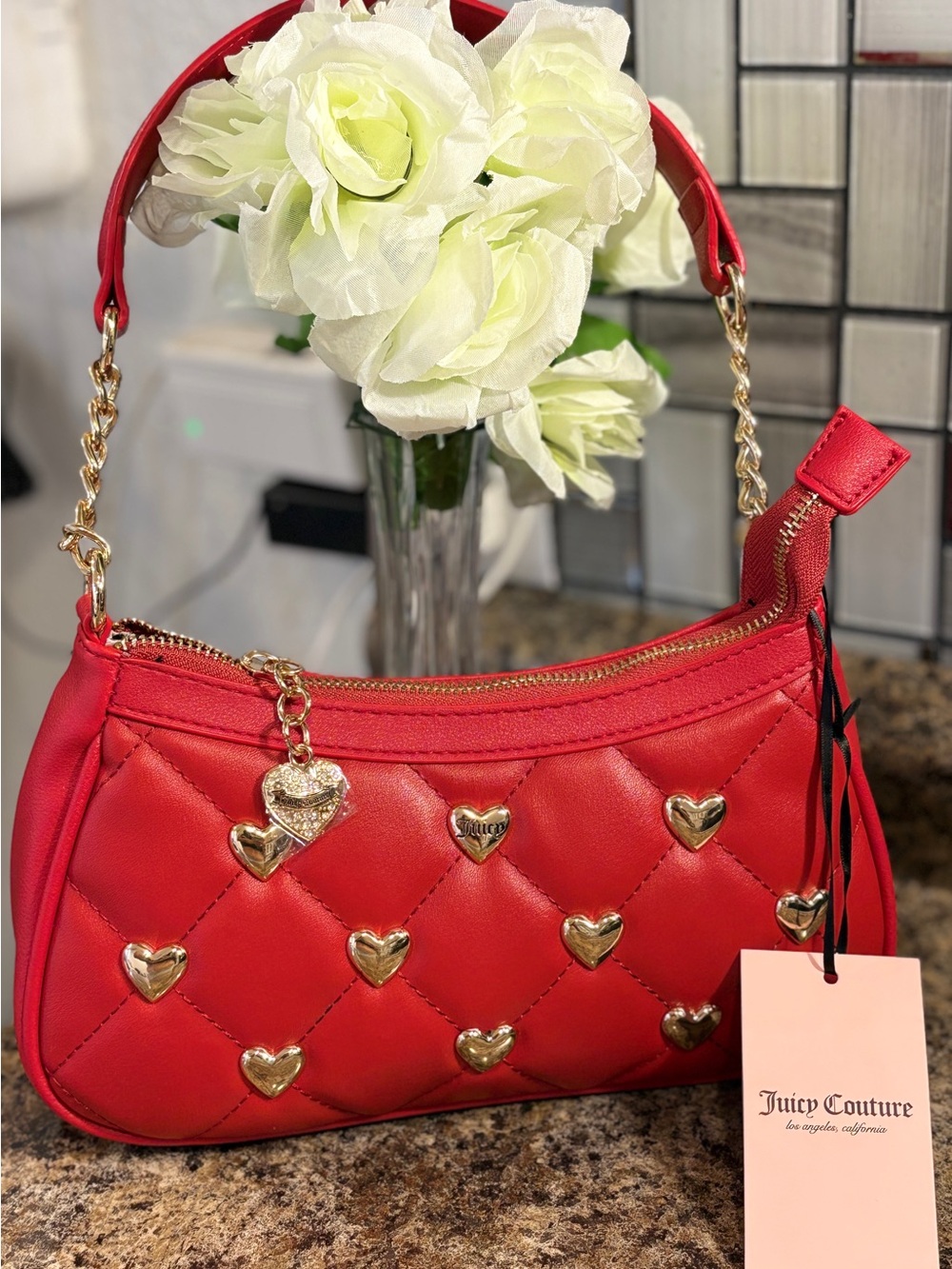 Juicy Couture Red Quilted Heart-Accent Shoulder Bag with Gold Hardware